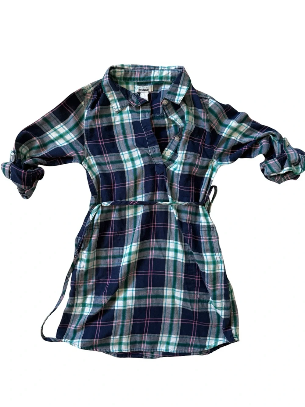 Old Navy Girls Blue Plaid Popover Flannel Dress Size S (6-7) Belted